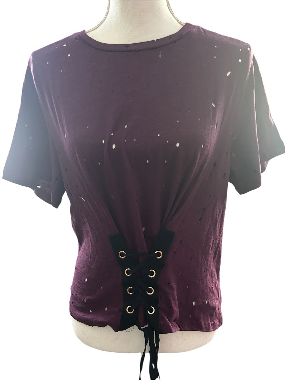 iris Plum Lace-Up Distressed Short Sleeve Tee